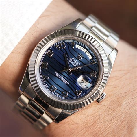 rolex day date silver blue dial|Rolex white gold blue dial.